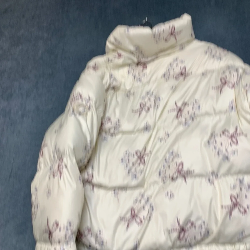 Coach Puffer Jacket Womens Large Cream Floral Print Long Sleeve Winter Full Zip